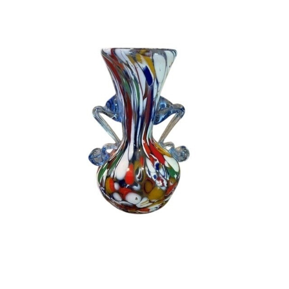 Attributed Fratelli Toso Murano Millefiori Latticino Art Glass Vase Blue Handles